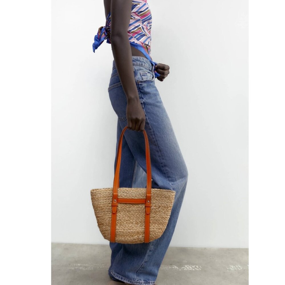 Zara Jute Midi Tan and Orange Tote Bag Womens Tote Bag Woven Jute bag